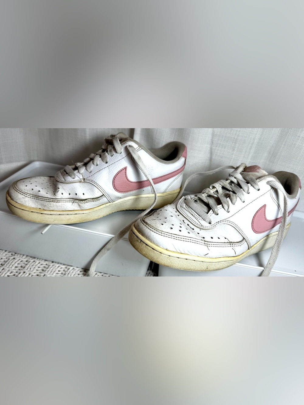 Nike Court Vision Low White Leather Sneakers with Pink Swoosh and Heel